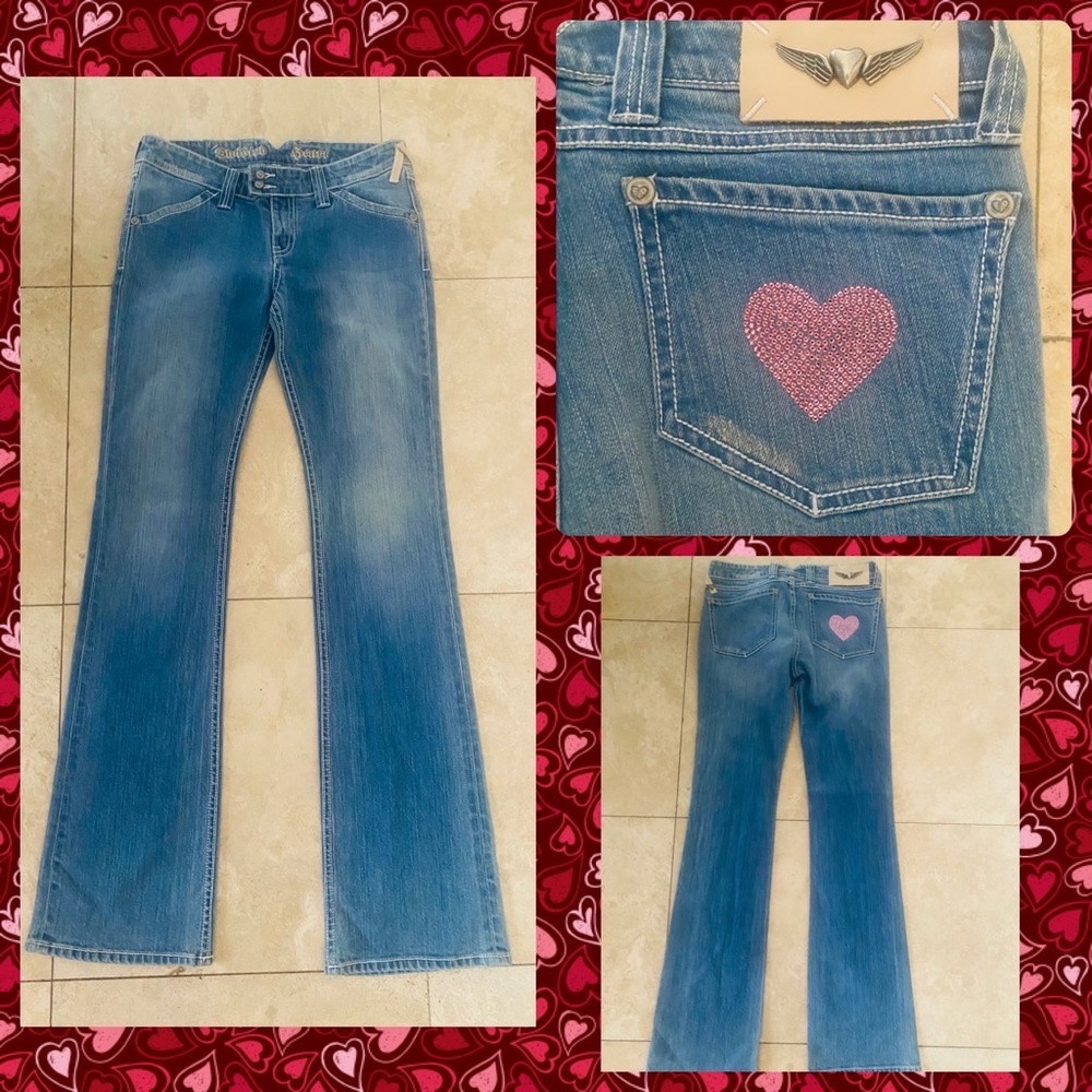 Twisted Heart Rare unique Crystal Heart Denim Jeans Sz 29 x 35" Inseam